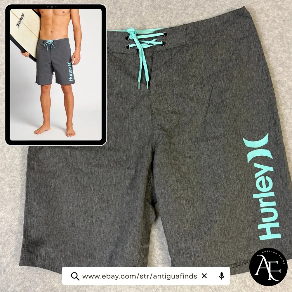 Hurley Mens Gray Teal Logo Board Shorts Swim Trunks Size 32 MBS0008690